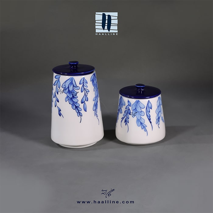 ست بانکه سرامیکی هنری با طرح زیتون آبی و سفید زیرلعابی  طراحی و نقاشی شده با دست کد: BANQUE-BWz-14097