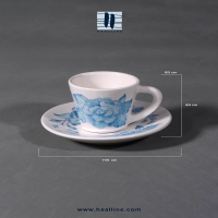 فنجان و زیرفنجانی سرامیکی مدل 6555 با گل فرنگ آبی  فیروزه ای زیرلعابی طراحی و نقاشی شده با دست کد: ESPRESSO-C-6555